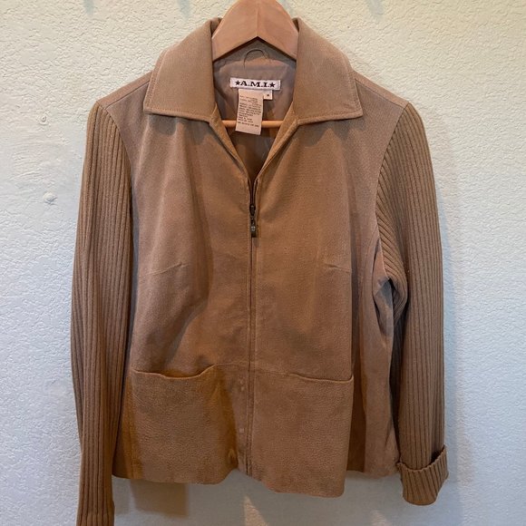 AMI Faux Leather Jacket Woman's M Medium Like New Brown Tan Long Sleeve - Picture 1 of 3